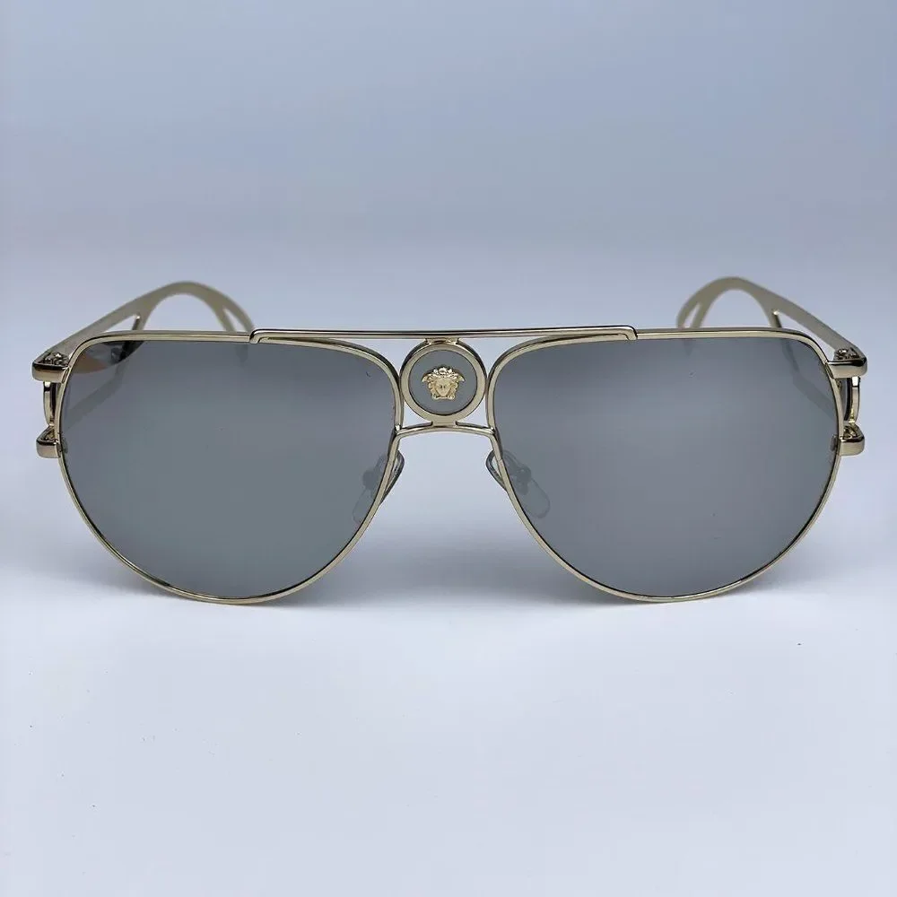 NEW Versace  VE2225 12526G  Pale Gold Grey Aviator Mirrored Unisex Sunglasses